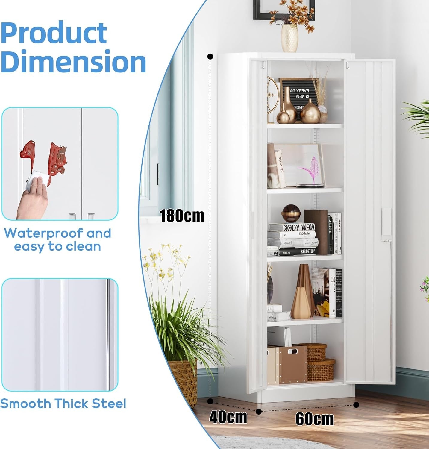 White Metal Storage Cabinet 2 Door Lockable Steel Cupboard Shelves Office 180cm
