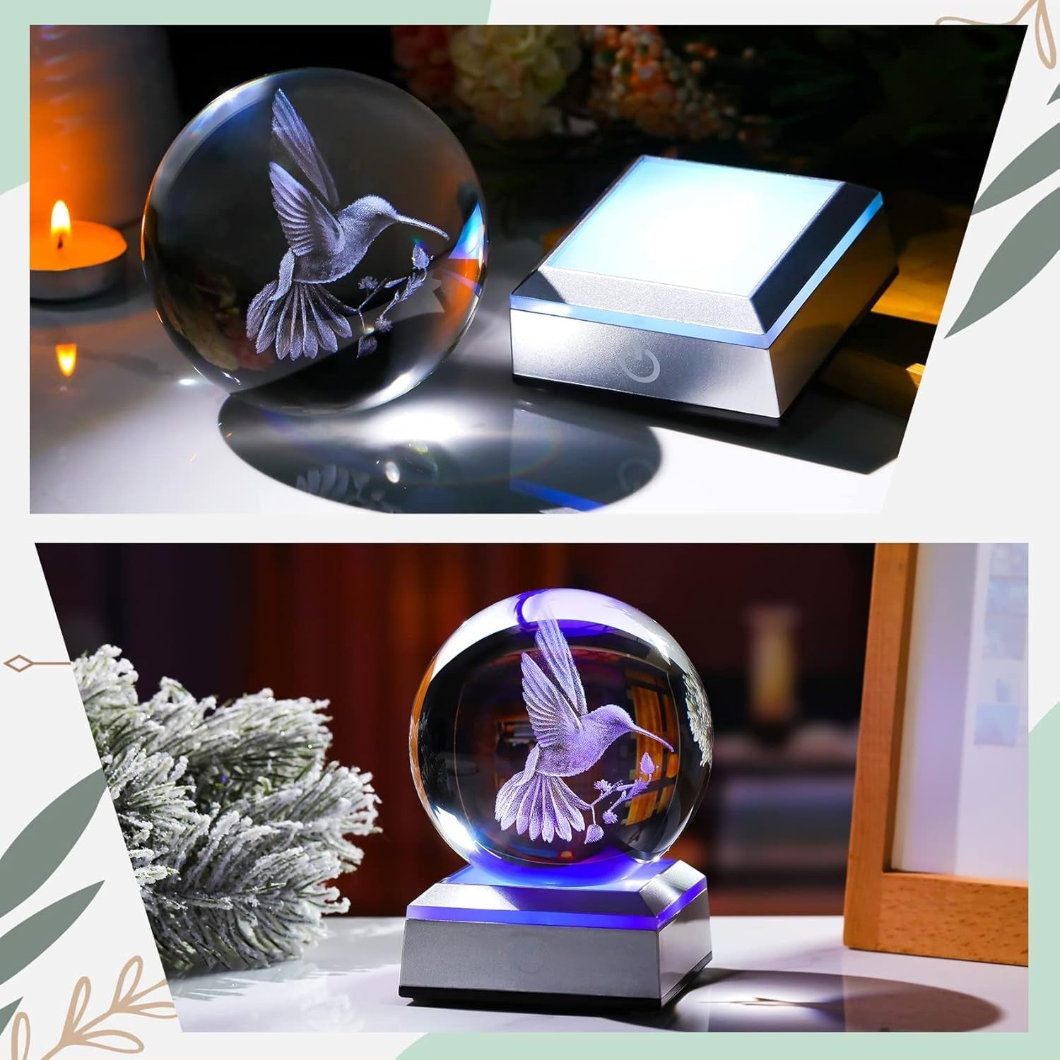 3D Crystal Hummingbird Ball LED Light 8cm K9 Glass Ornament Gift Home Decor