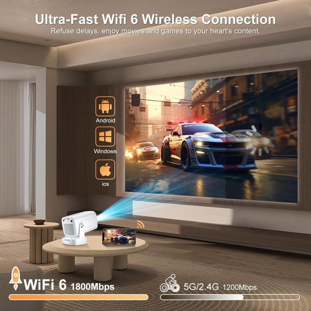 1080P Short Throw Smart Projector WiFi 6 Bluetooth Auto Focus Portable