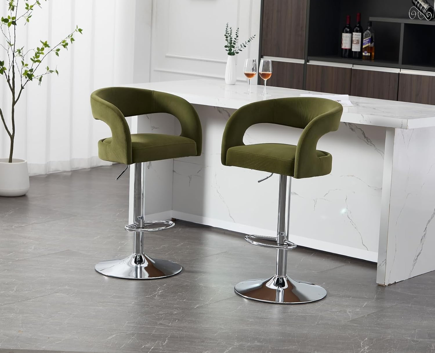 Adjustable Green-2Velvet Bar Stools Set of 2 Swivel Kitchen Counter