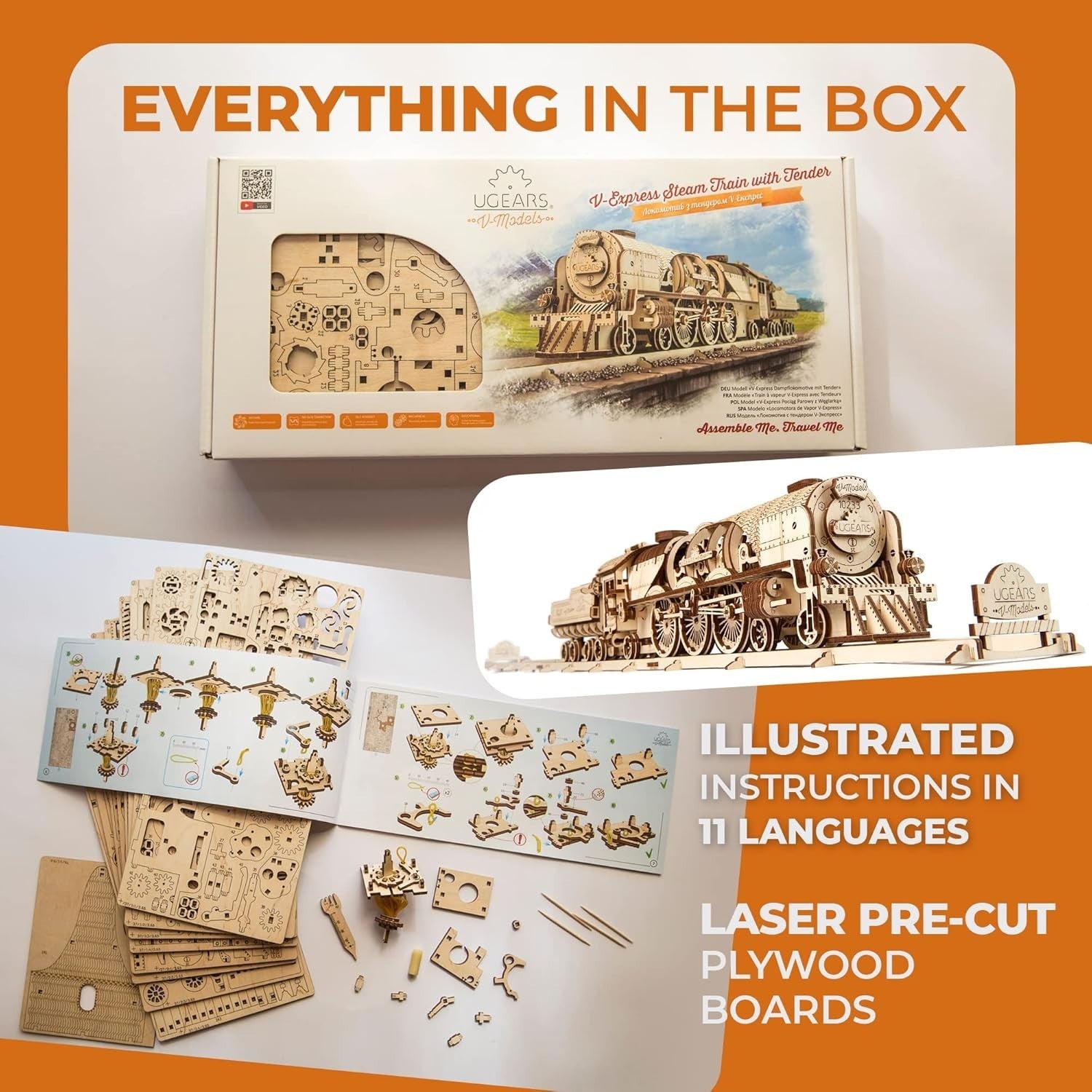 3D Wooden Steam Train Puzzle Model with Track & Moving Parts - DIY Kit