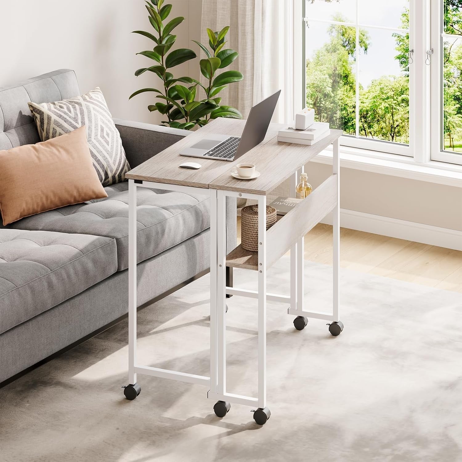 Folding Computer Desk Rolling Laptop Table with Storage Shelf Wheels Oak