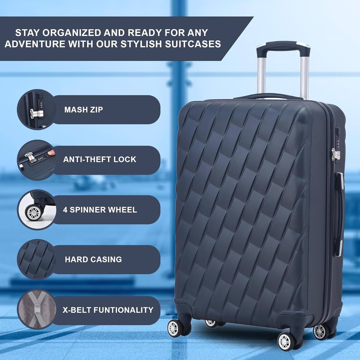 20 Inch Cabin Hard Shell Carry On Suitcase 4 Dual Spinner Wheels Lock Navy