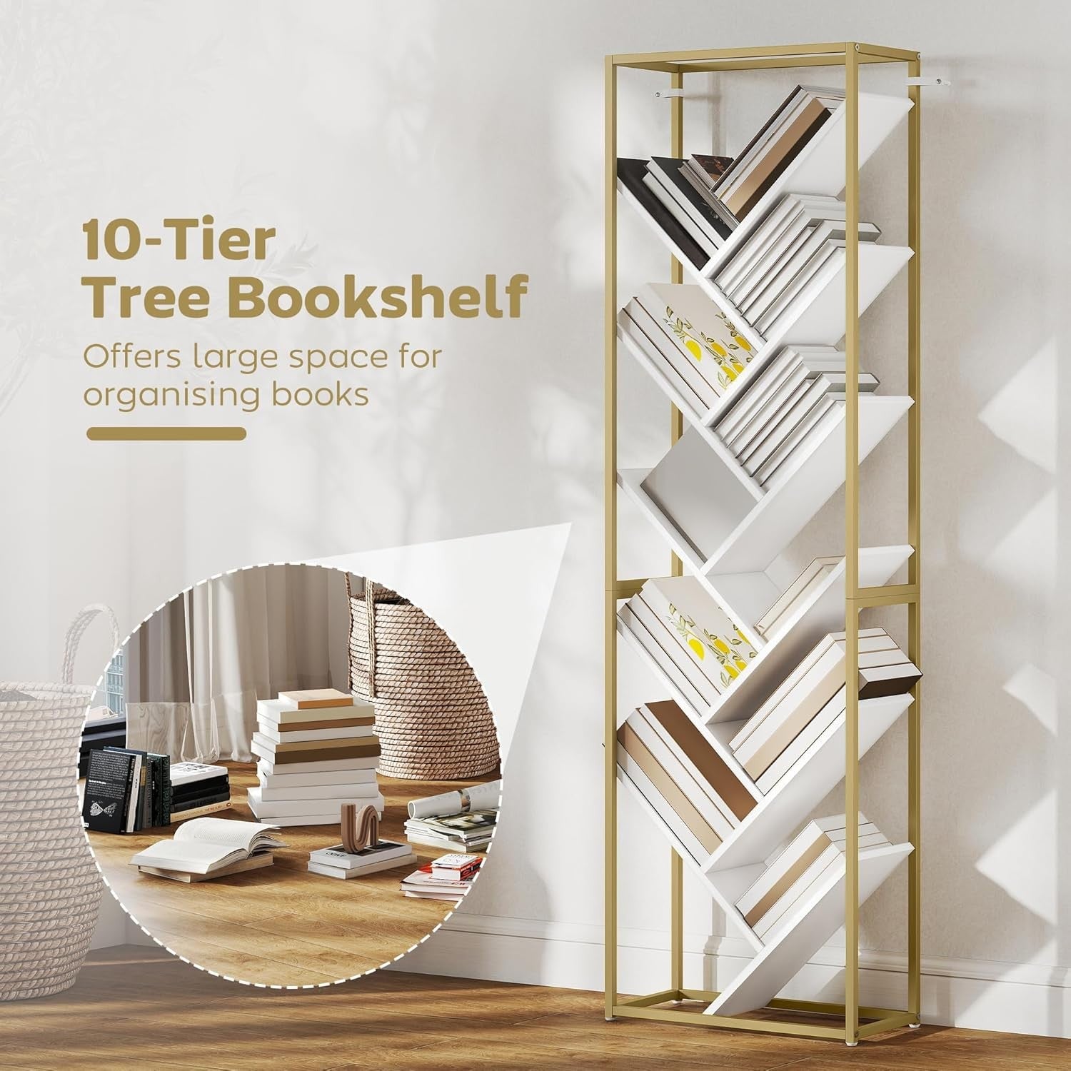 10-Tier Tree Bookshelf Modern White & Gold Tall Display Storage Unit for Home