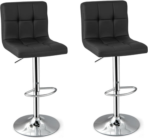 Set of 2 Adjustable Black PU Leather Bar Stools with Swivel & Footrest