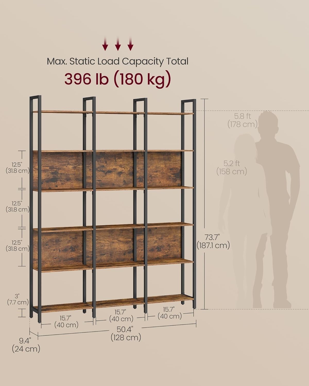 6 Tier Industrial Bookcase Rustic Brown Shelf Tall Storage Unit 128x24x187cm