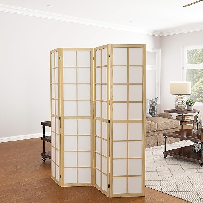 Natural Wood 4 Panel Folding Room Divider – Freestanding Japanese Privacy Screen