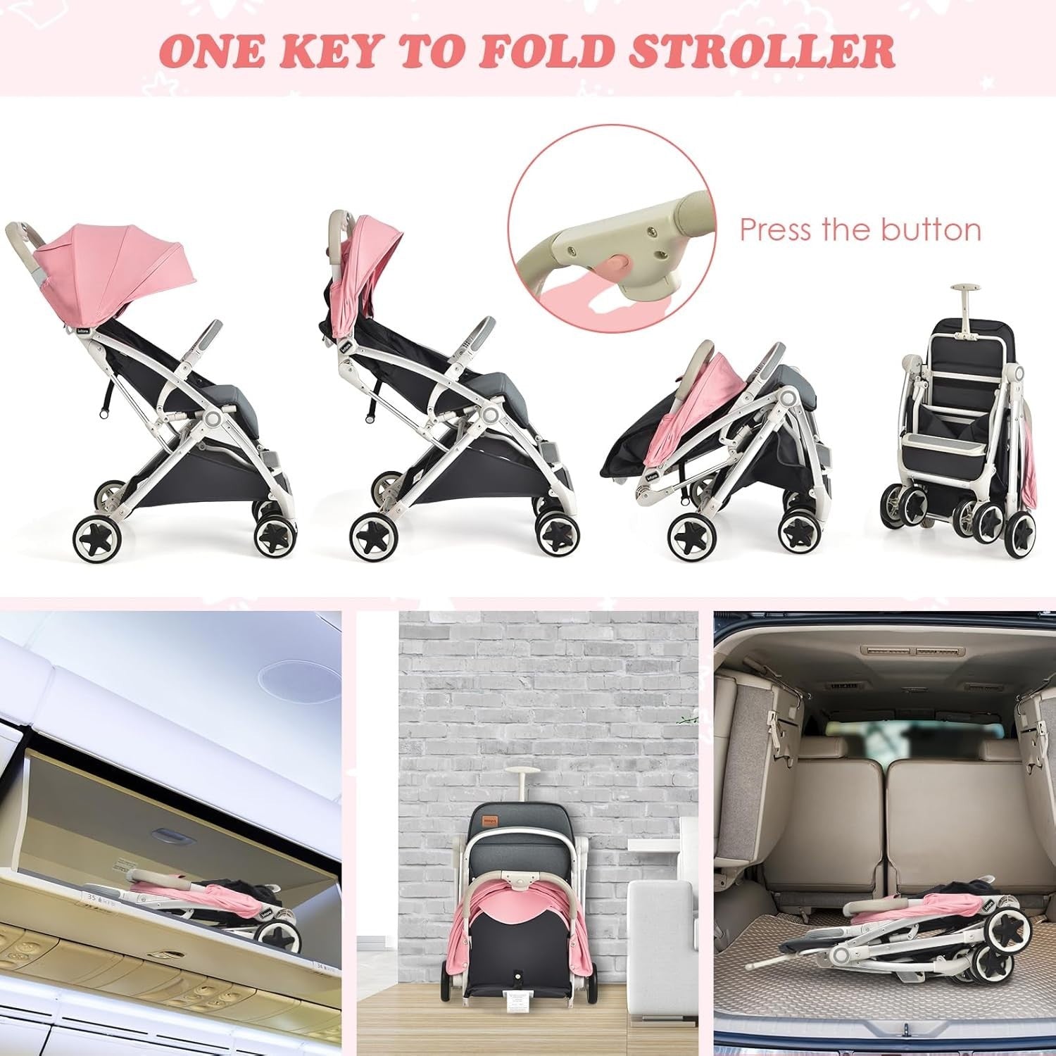 Pink Lightweight Baby Pushchair One Hand Fold Travel Buggy 5 Point