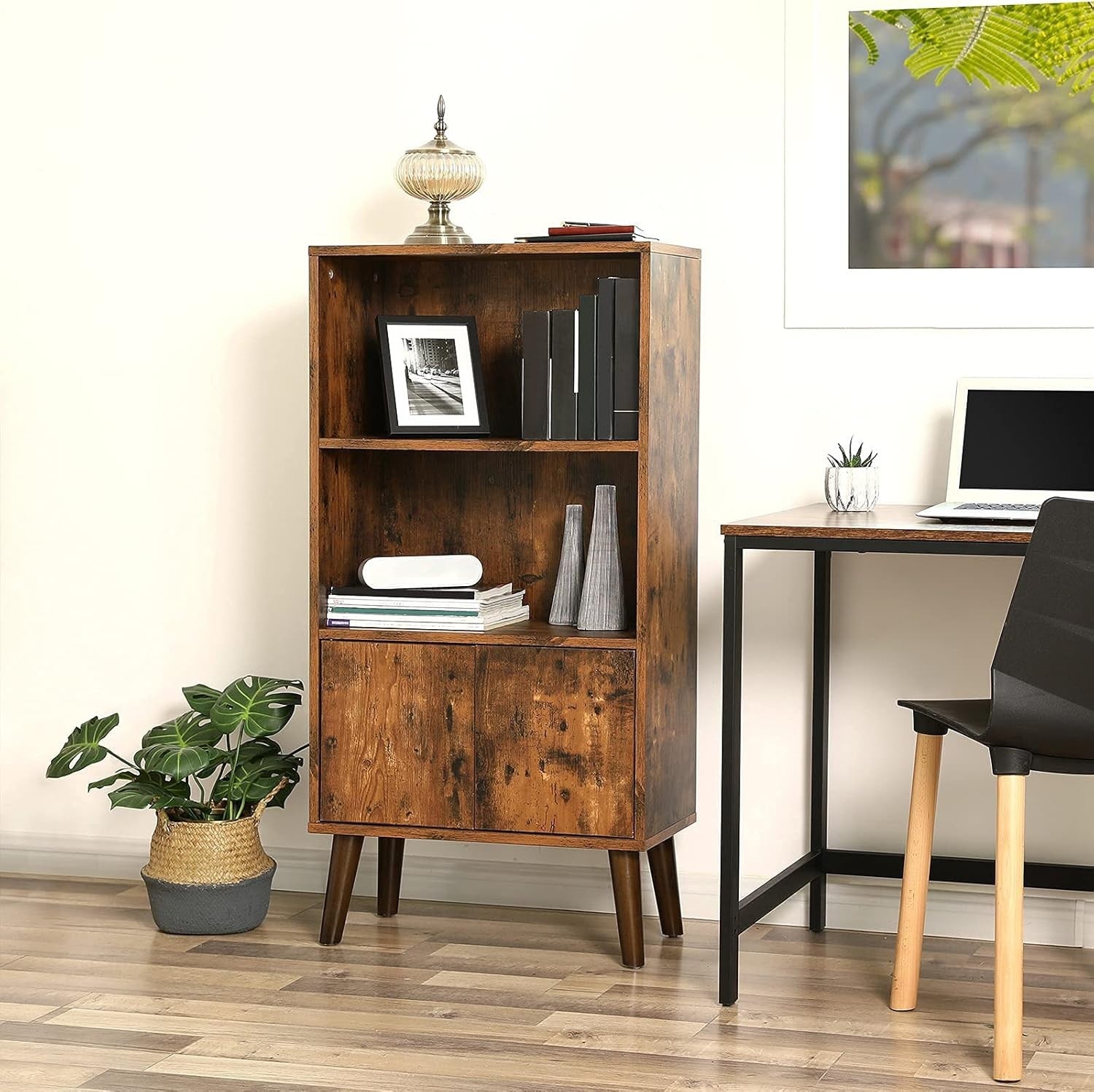 3-Tier Rustic Bookcase with Cabinet – Mid-Century Storage Shelf for Home & Offic