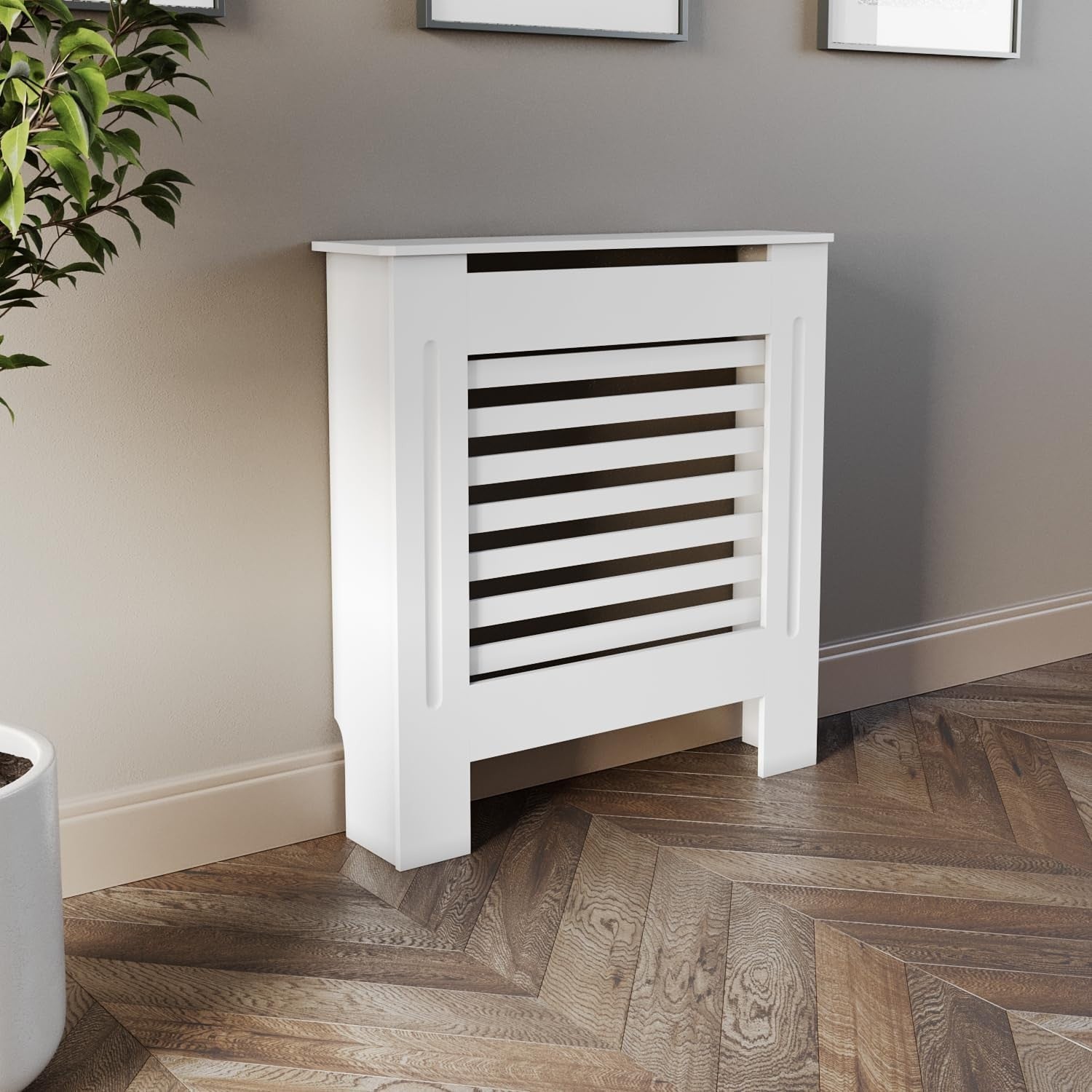 Small White Radiator Cover Modern MDF Cabinet Horizontal Slat W78xH81.5cm