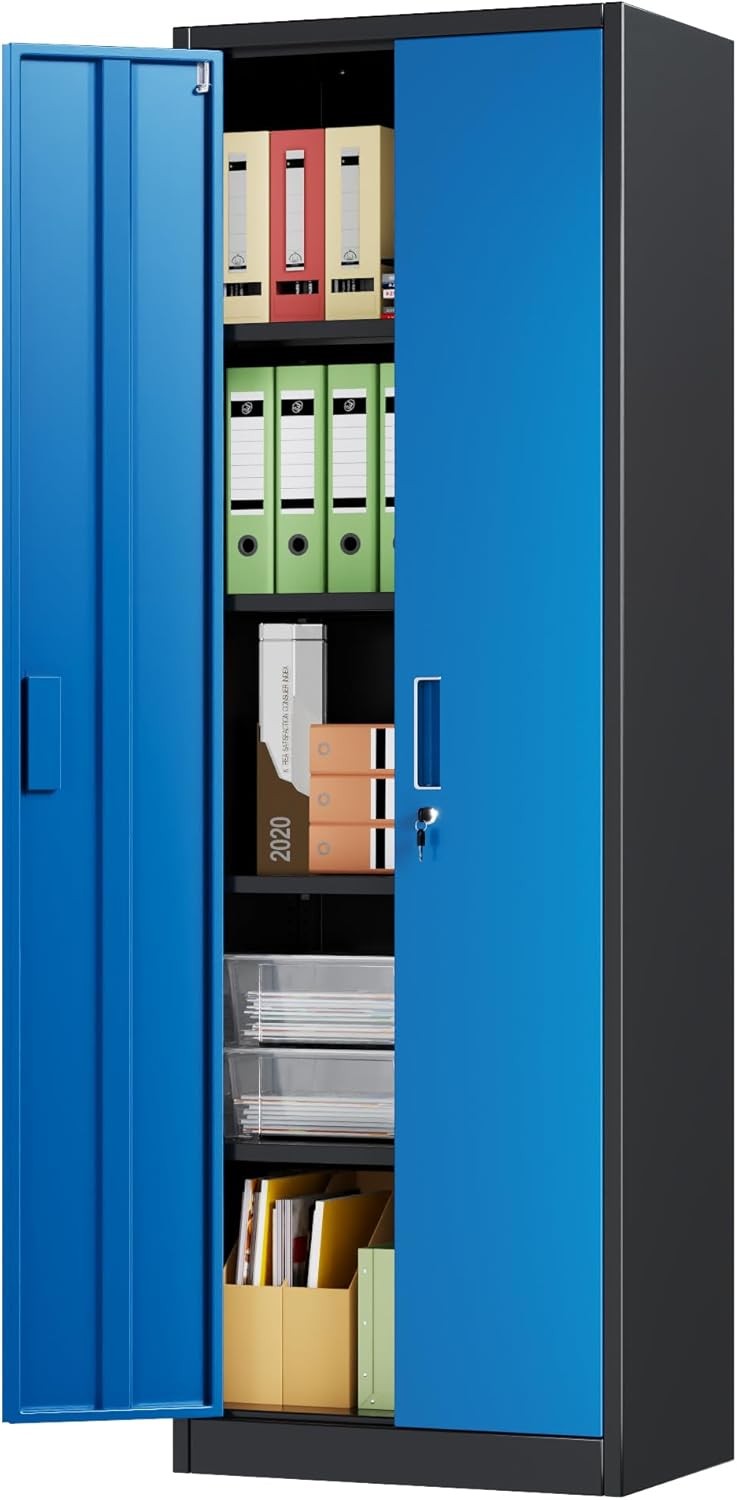 Black Blue Metal Storage Cabinet 2 Door Lockable Steel Cupboard Shelves 180cm