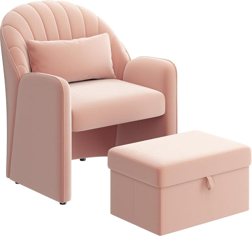 Pink Velvet Tub Chair with Storage Ottoman & Pull-Out Footrest | Compact Seat