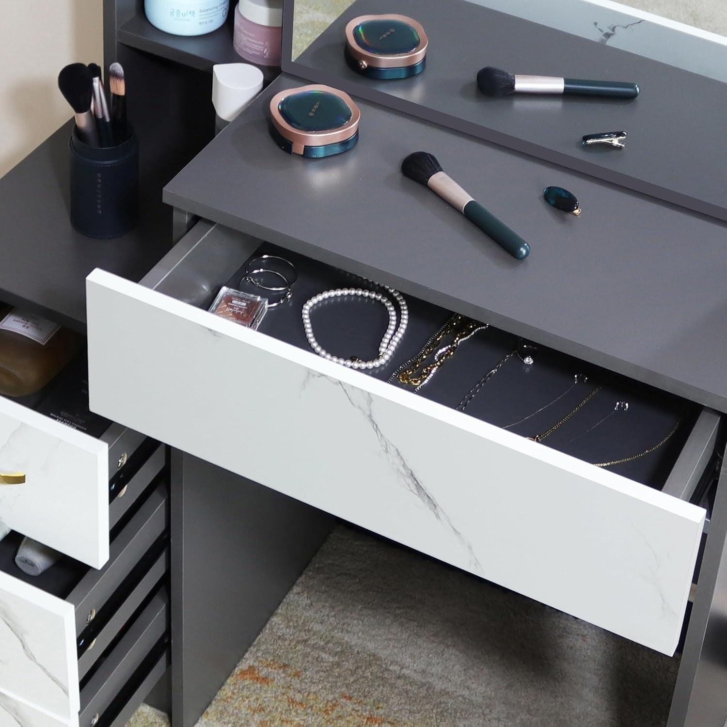 Vanity Makeup Dressing Table Mirror Hidden Storage 4 Drawer Dark Grey White