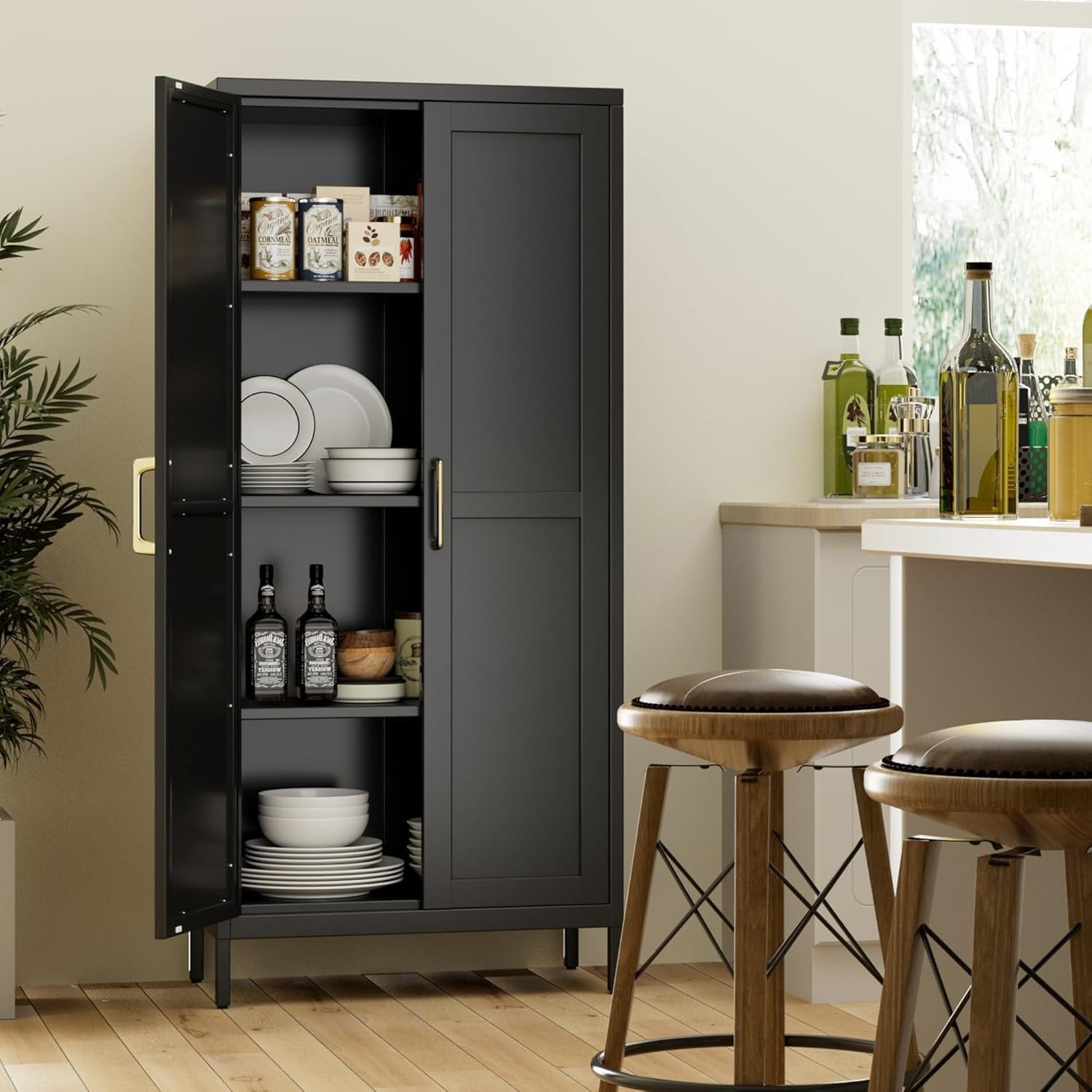 Black Metal Office Storage Cabinet 2 Doors Adjustable Shelves 155H