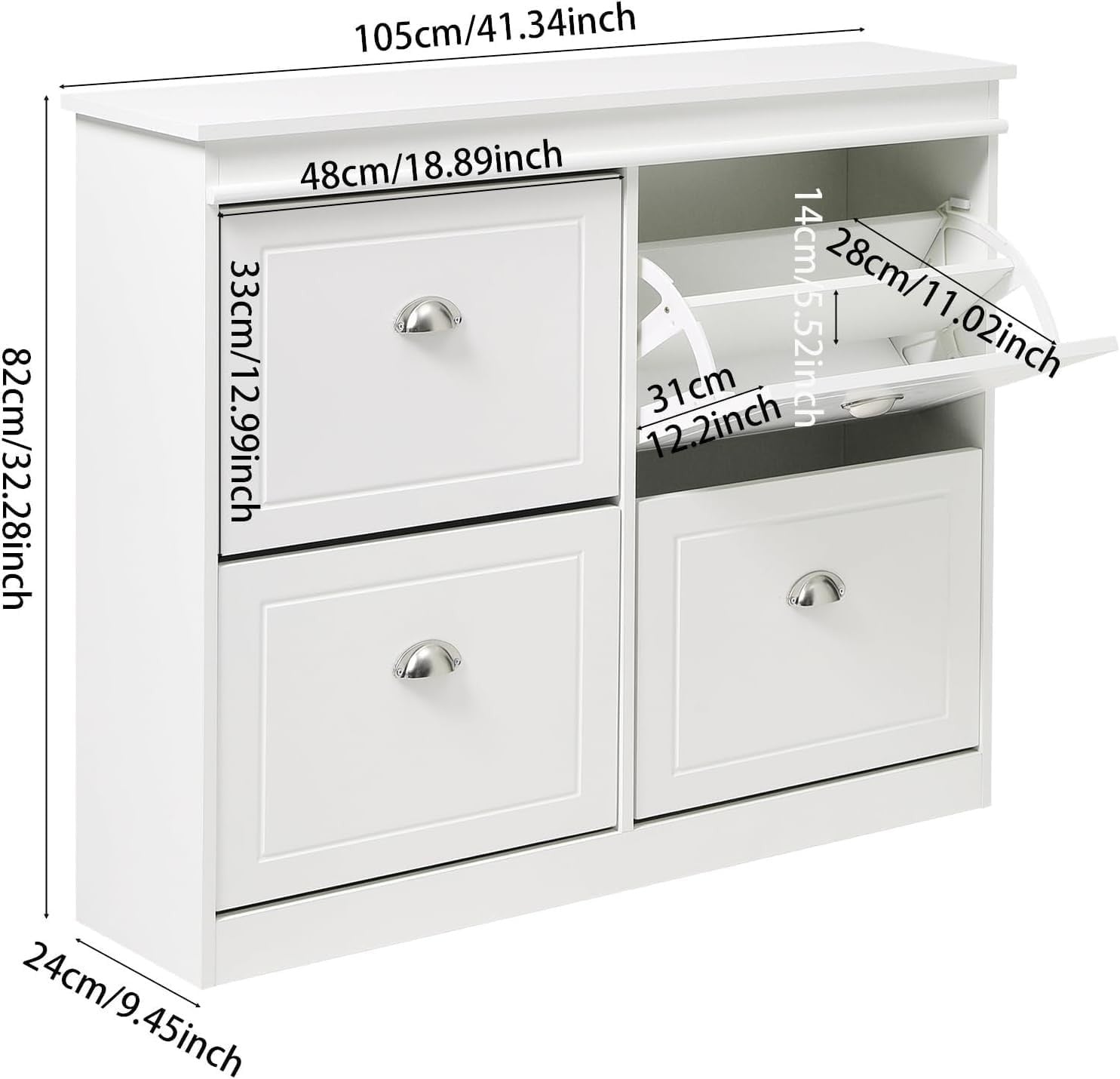 White Flip Down Shoe Cabinet with 4 Drawers & Adjustable Shelves 105x24x83cm