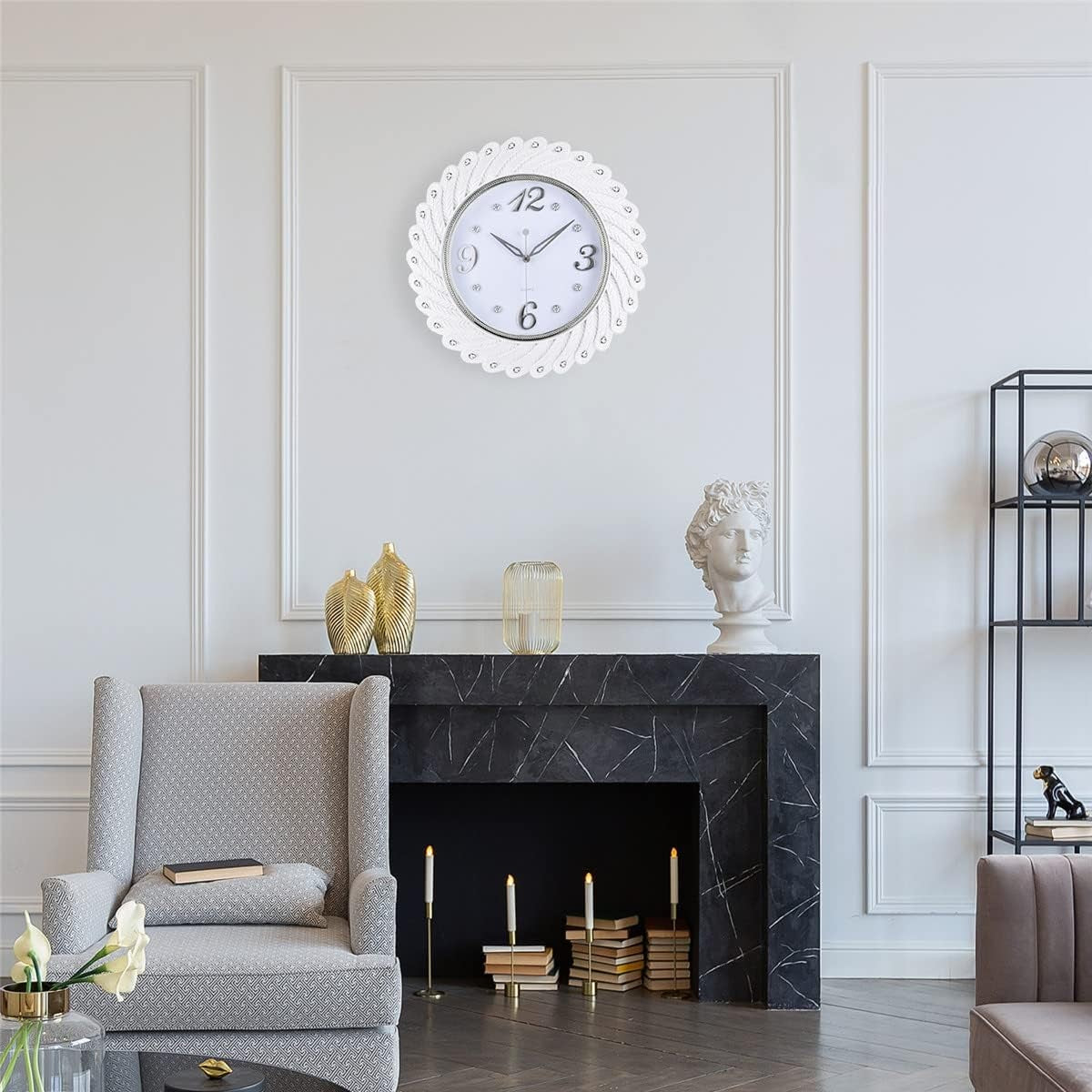 Large White Peacock Feather Wall Clock 43cm Silent Elegant Home Decor