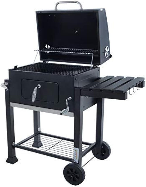 Large Charcoal BBQ Grill with Adjustable Heat Tray, Side Shelf & Wheels Outdoor