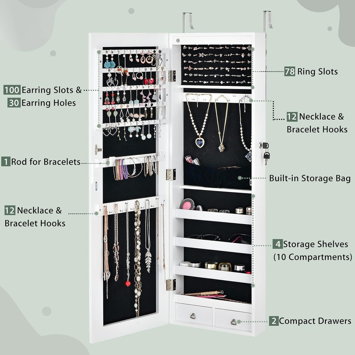 LED Jewelry Armoire Wall Door Mounted Lockable Full Length Mirror White