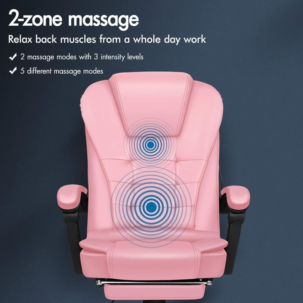 Pink Massage Gaming Office Chair Recliner Footrest Executive Swivel PU Leather