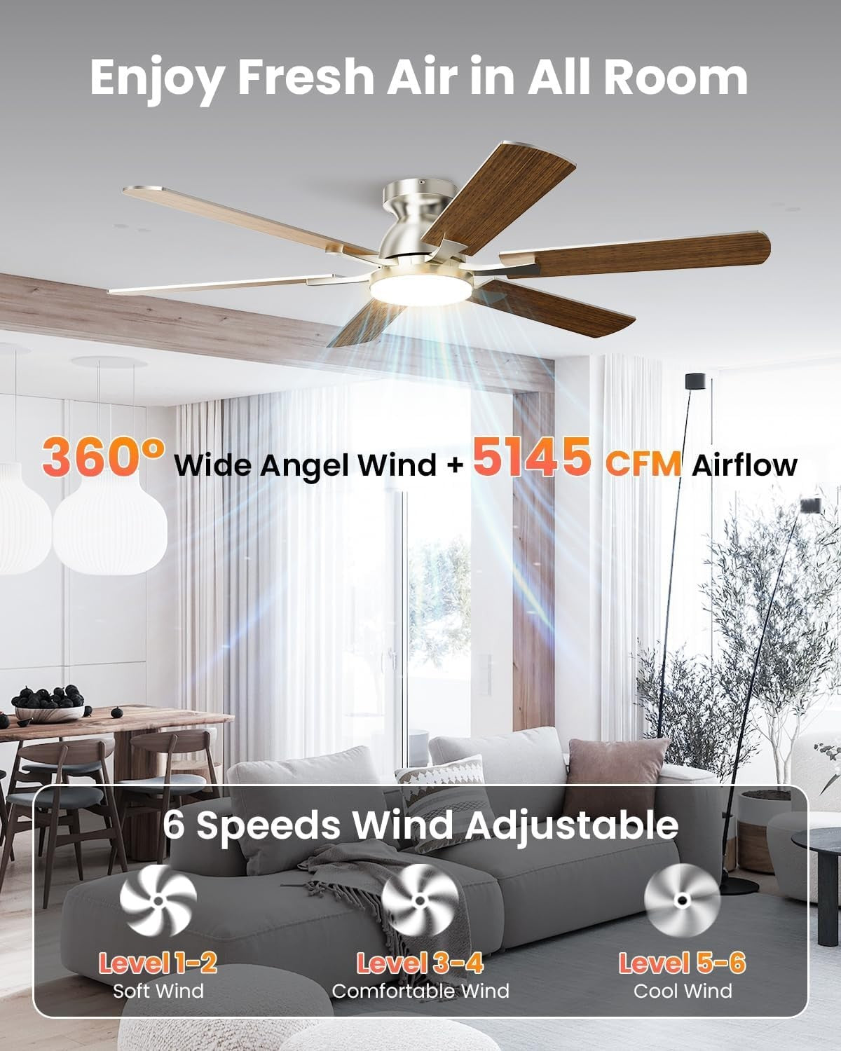 132 cm Large Ceiling Fan with Light, 6 Blades, Remote, Reversible DC Motor