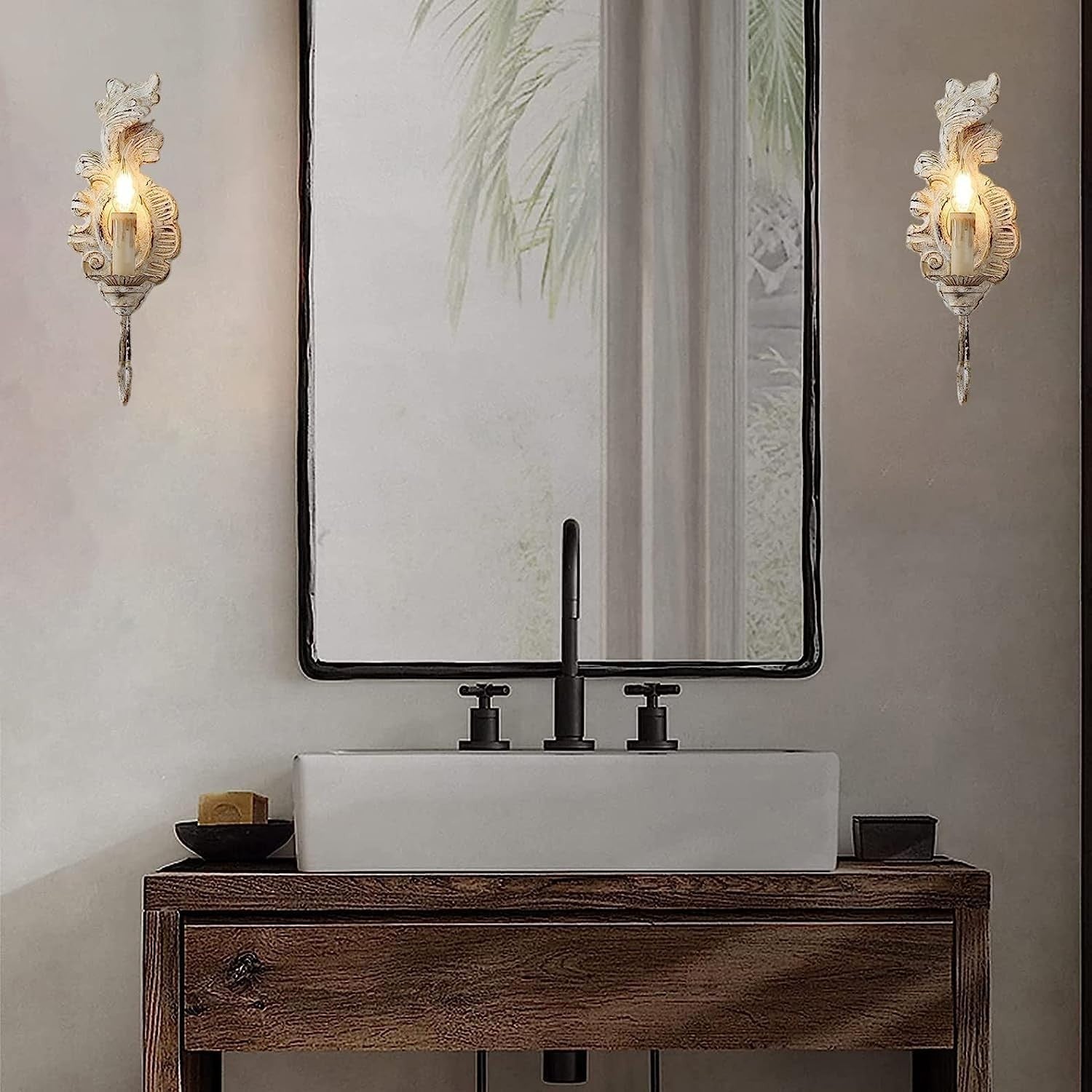 Vintage White Wood Wall Sconce, French Country Candle-Style Light