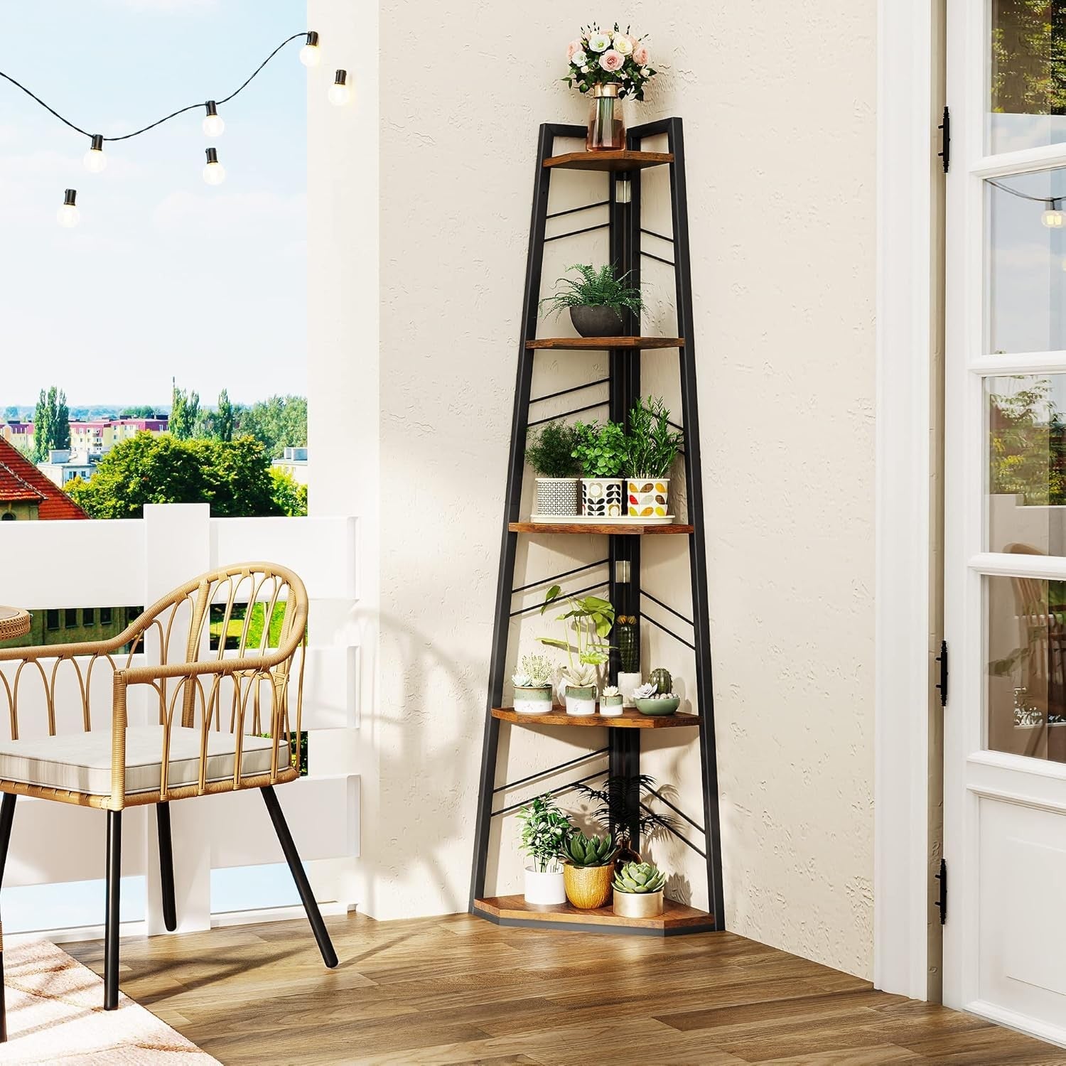 5-Tier Industrial Corner Shelf Unit – Space-Saving Ladder Bookcase for Living