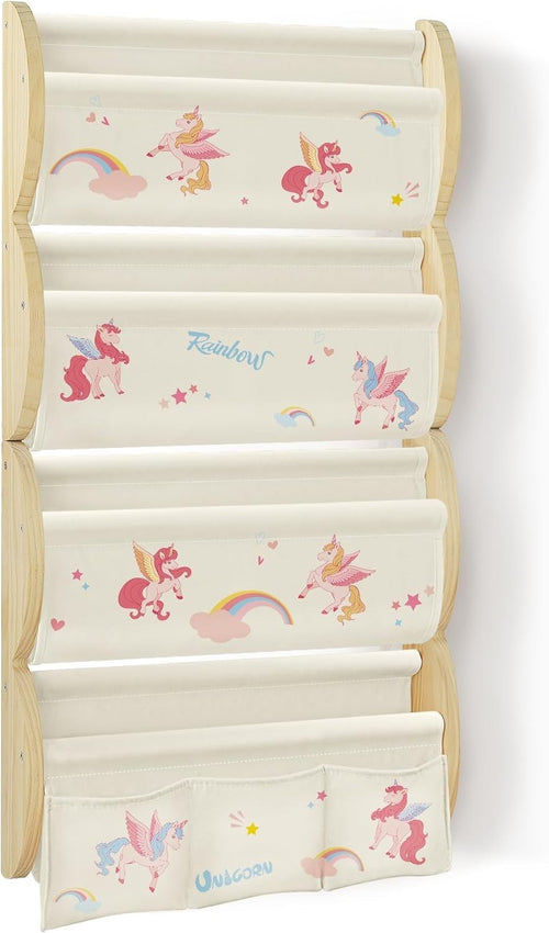 Kids Wall Mounted Bookshelf 4 Tier Floating Shelf with Pockets – Unicorn