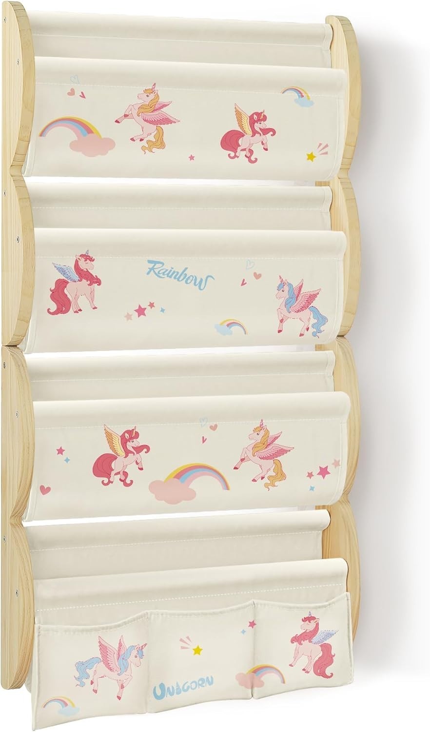 Kids Wall Mounted Bookshelf 4 Tier Floating Shelf with Pockets – Unicorn