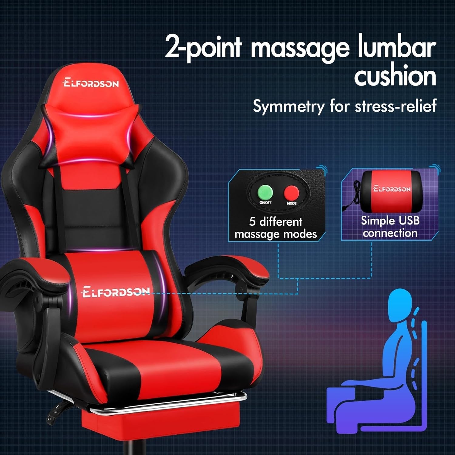 Red Gaming Chair XL Massage Lumbar Footrest Ergonomic High Back PU Leather