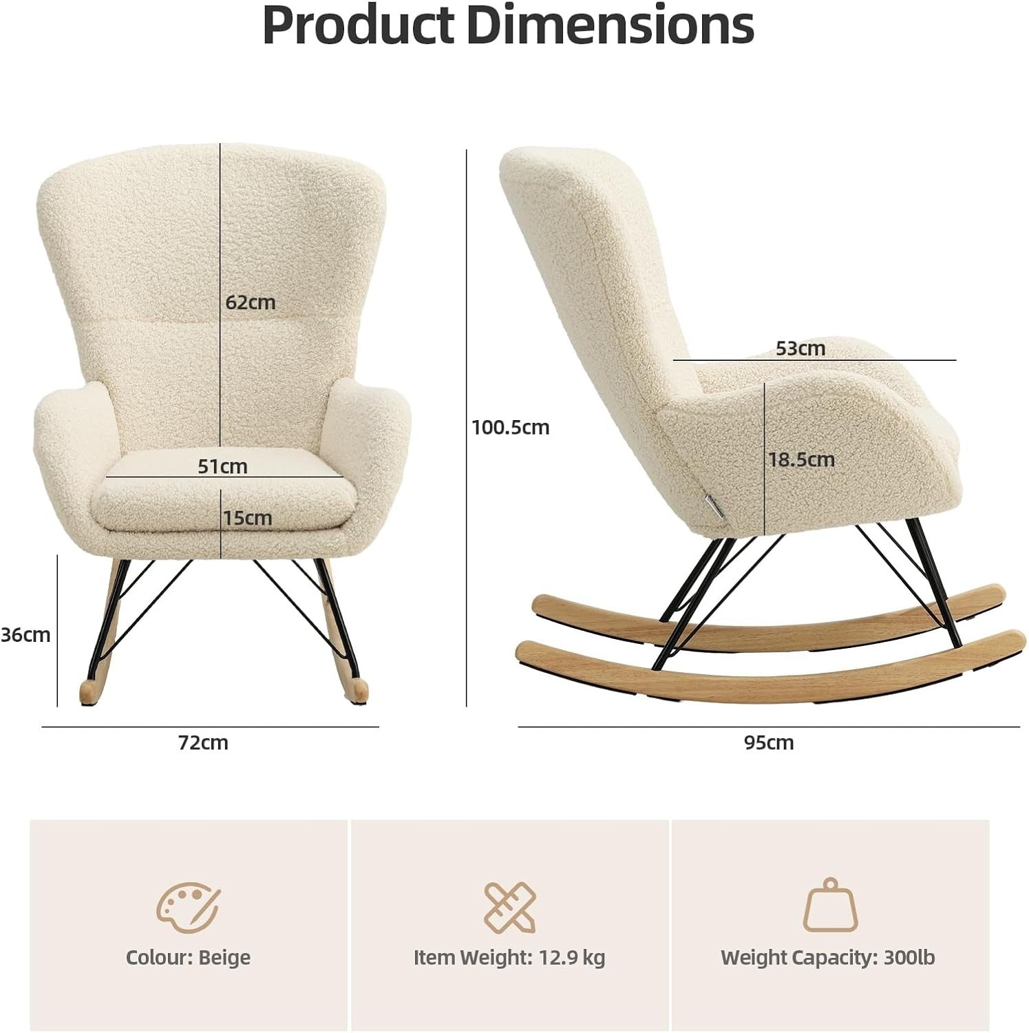 Comfortable Beige Cashmere Rocking Chair Recliner with Metal Frame & Cushion
