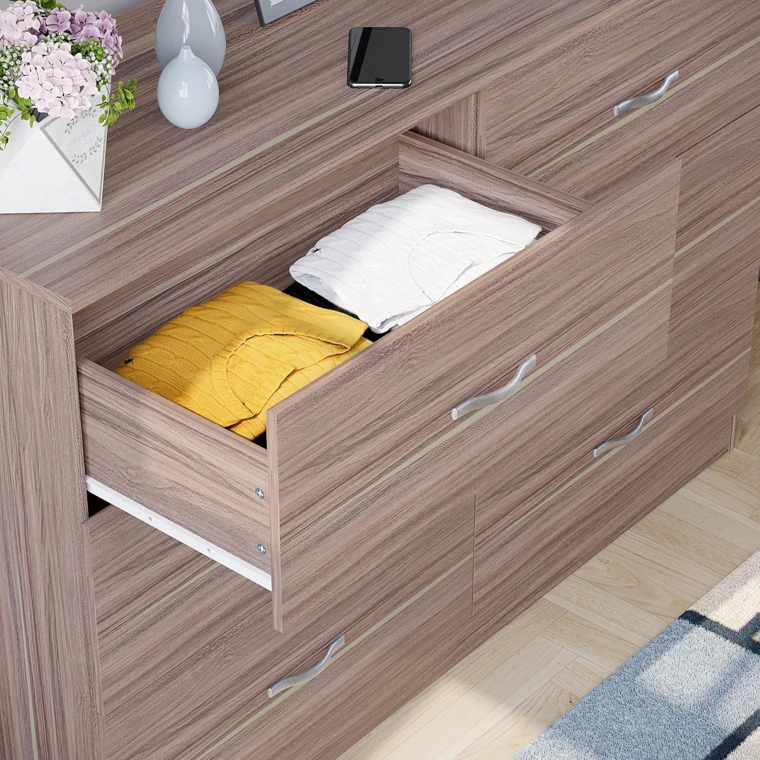 Walnut 6 Drawer Chest Bedroom Storage Unit Sliding Drawers Flatpack