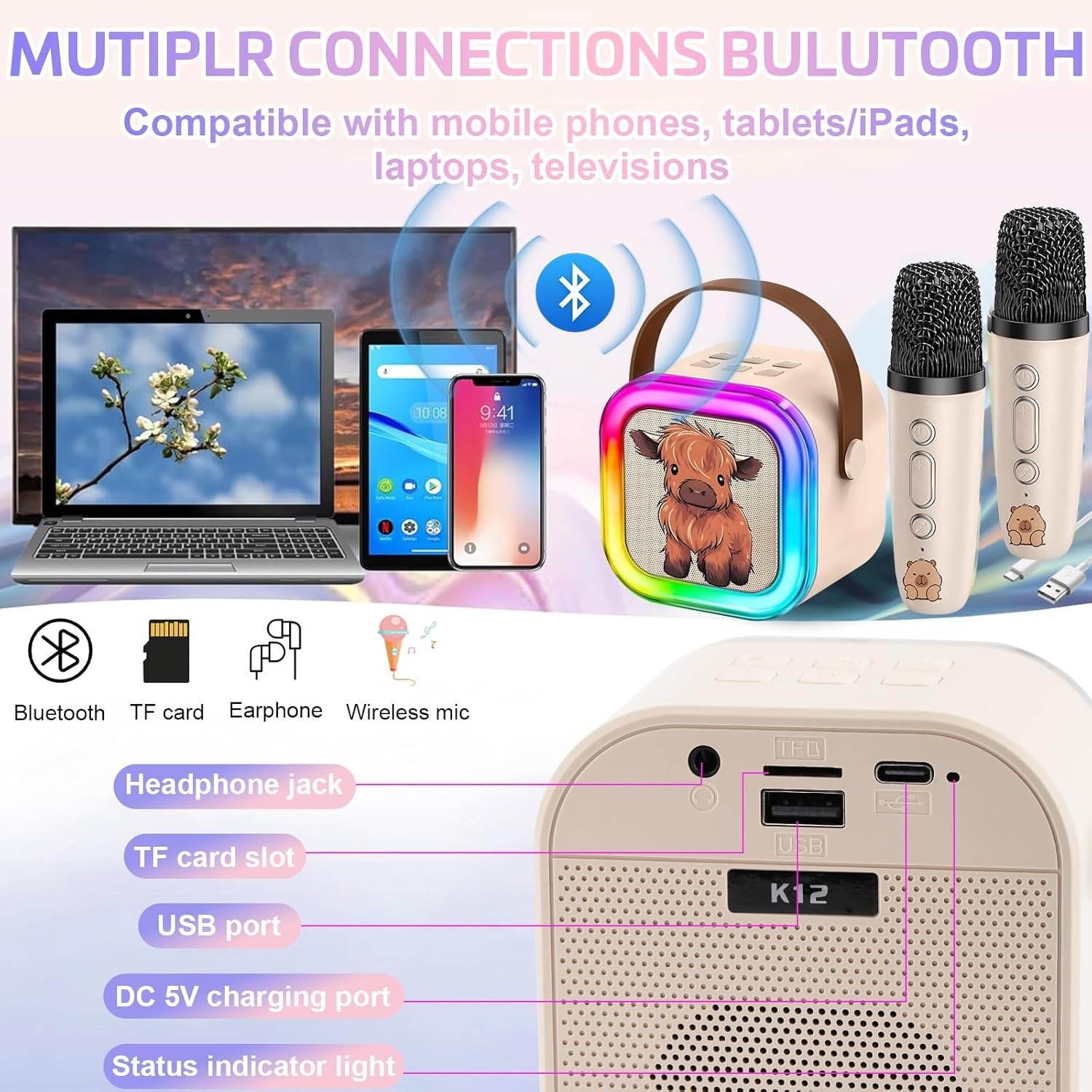 Kid Karaoke Machine 2 Wireless Mics Bluetooth LED Speaker