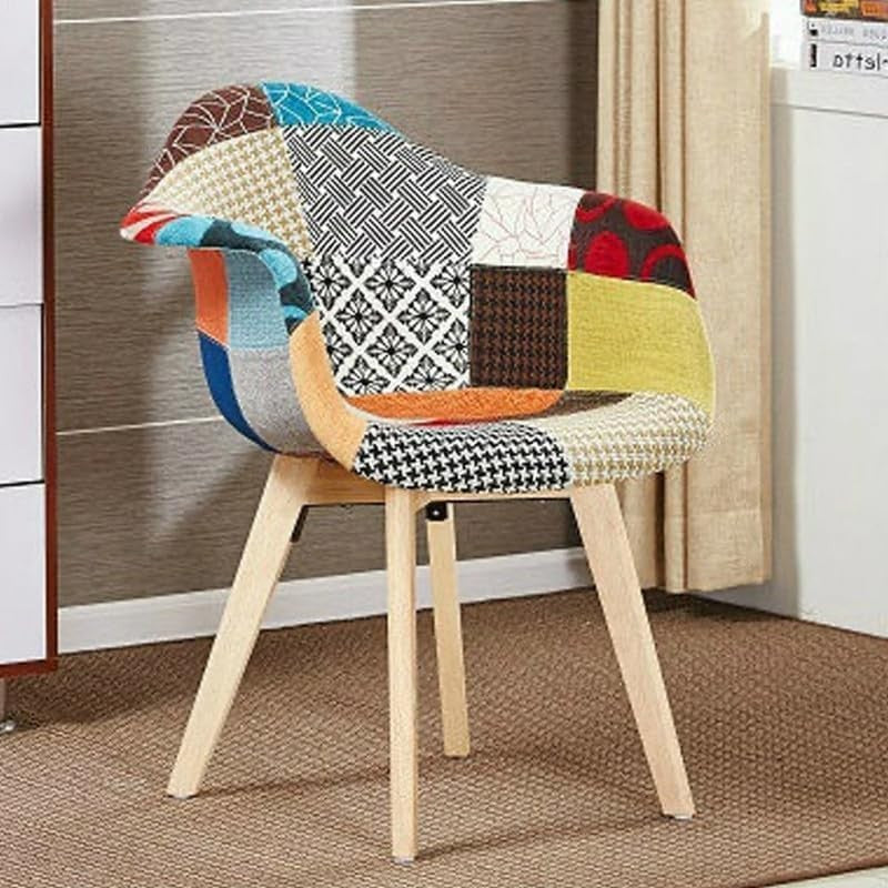 Patchwork Dining Chairs Set of 2 with Arms Wood Legs Fabric
