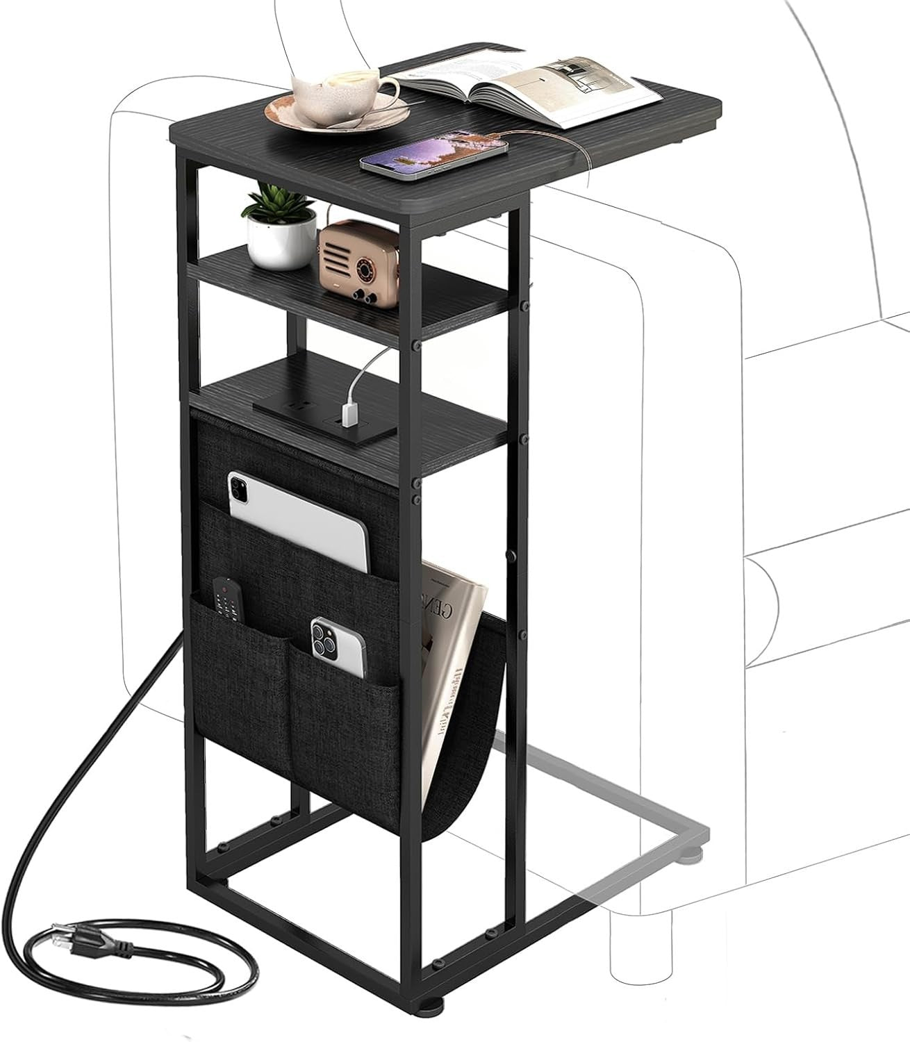 C-Shaped End Table with Charging Station, Storage & Slim 3-Tier Design