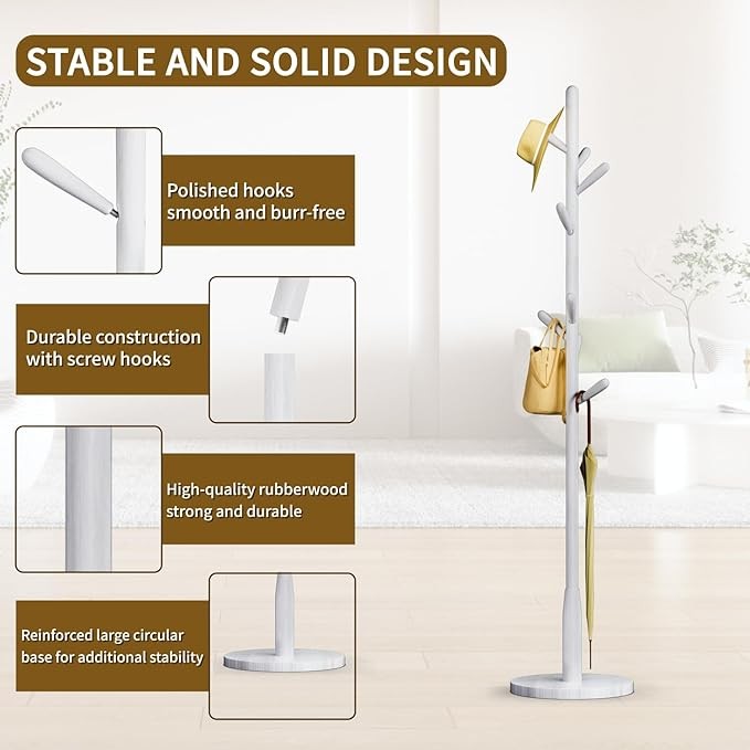 White Wood Coat Rack 8 Hooks Round Base Freestanding Hall Tree Stand