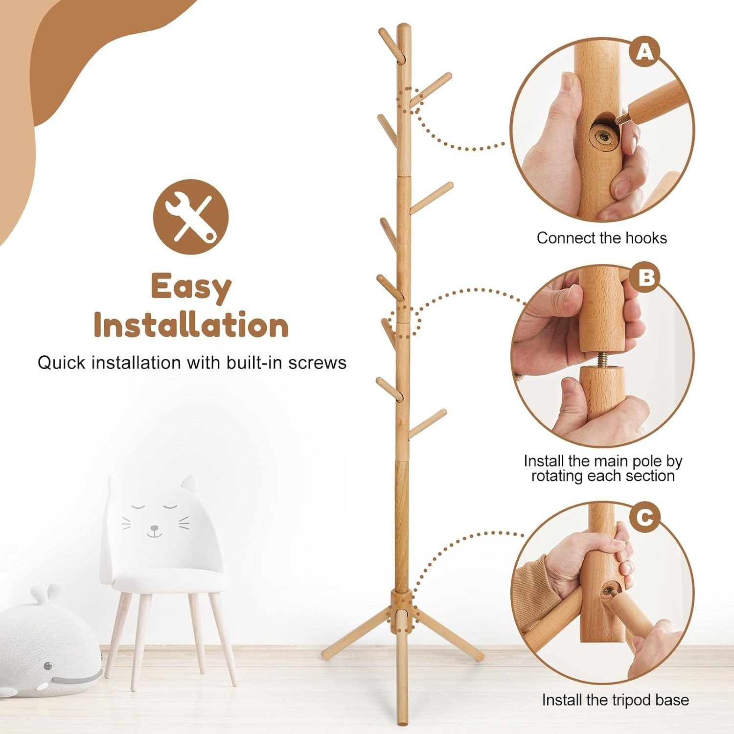 Kids Adjustable Wooden Coat Stand | 9 Hook Beech Wood Freestanding Rack