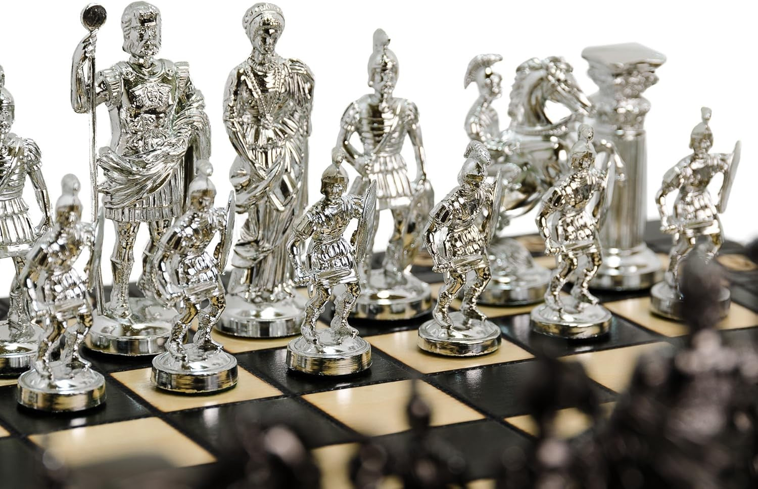 16" Luxury Spartan Silver Chess Set Weighted Chrome Pieces & Inlaid Board