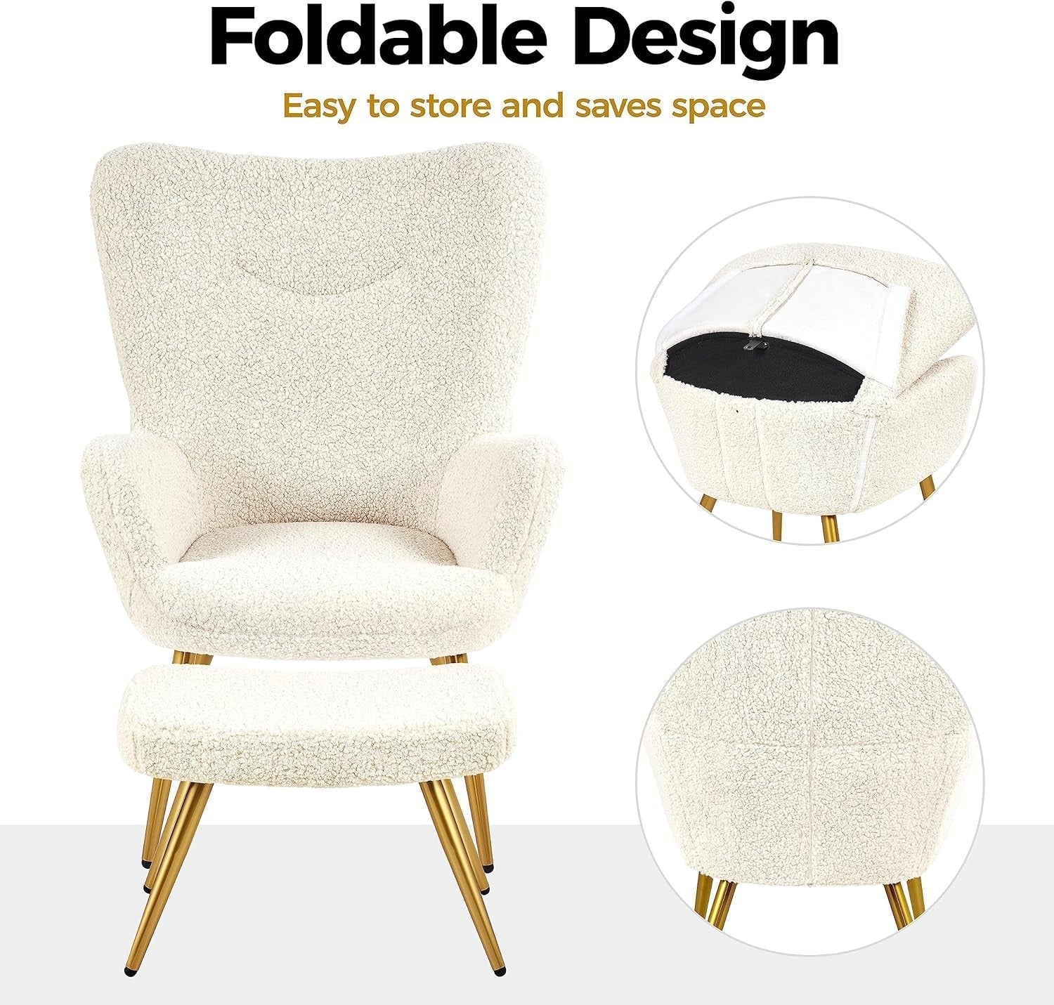 Sherpa Fuzzy Tub Chair with Ottoman, High Back Lounge Seat for Living Room