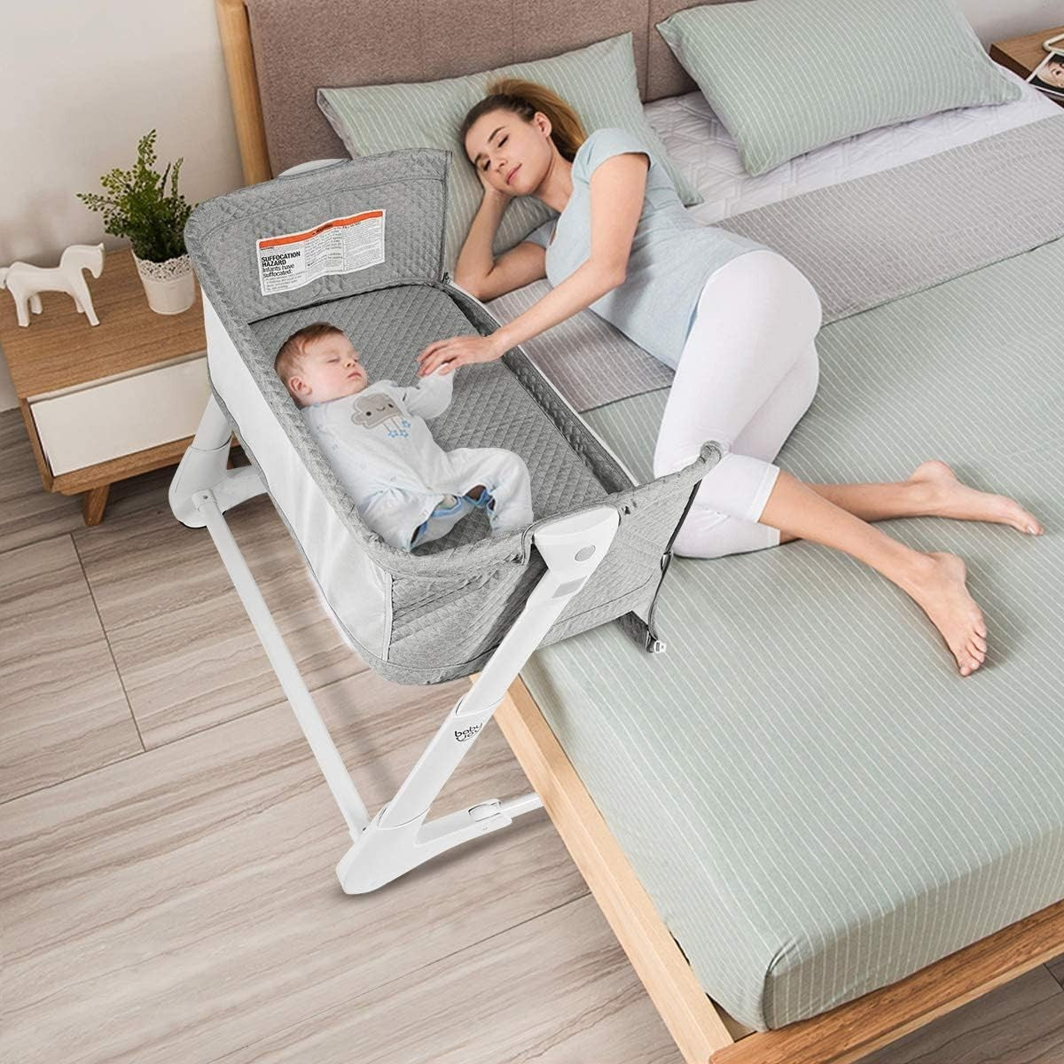 Bedside Baby Crib Adjustable Bassinet with Mattress & Wheels, Breathable Grey