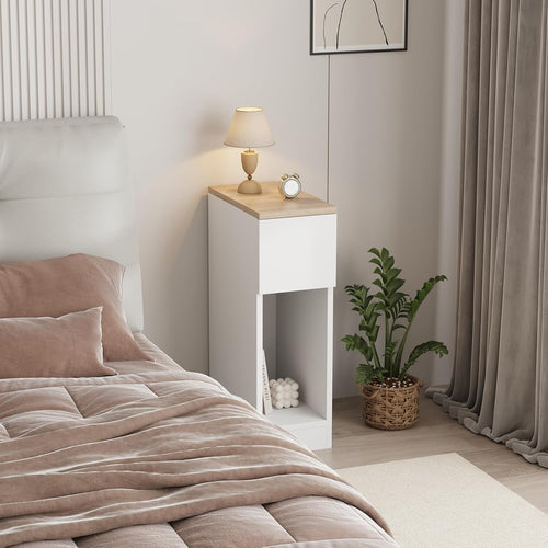 Slim White Bedside Table with Drawer & Shelf, Narrow Modern Nightstand Storage