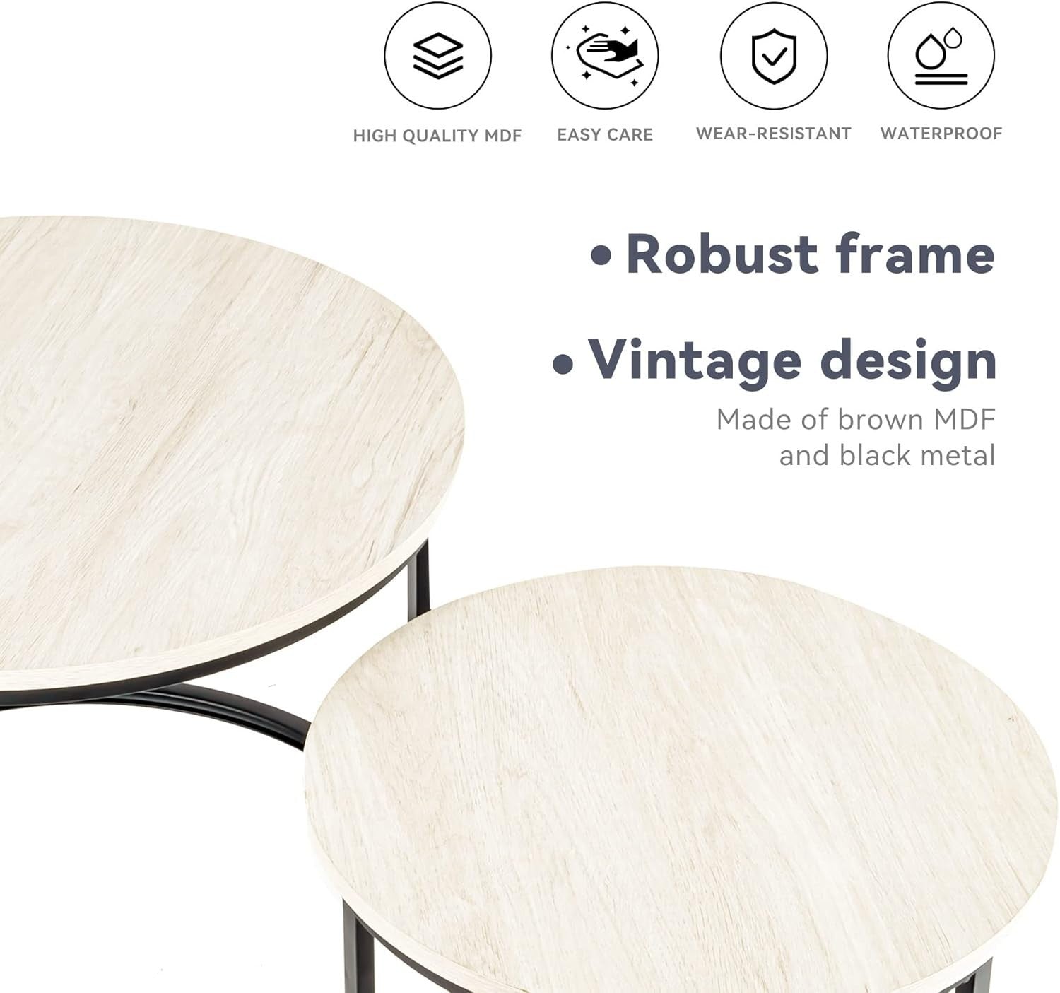 Nesting Coffee Table Set 2 Round Wood Metal Frame White Modern Industrial