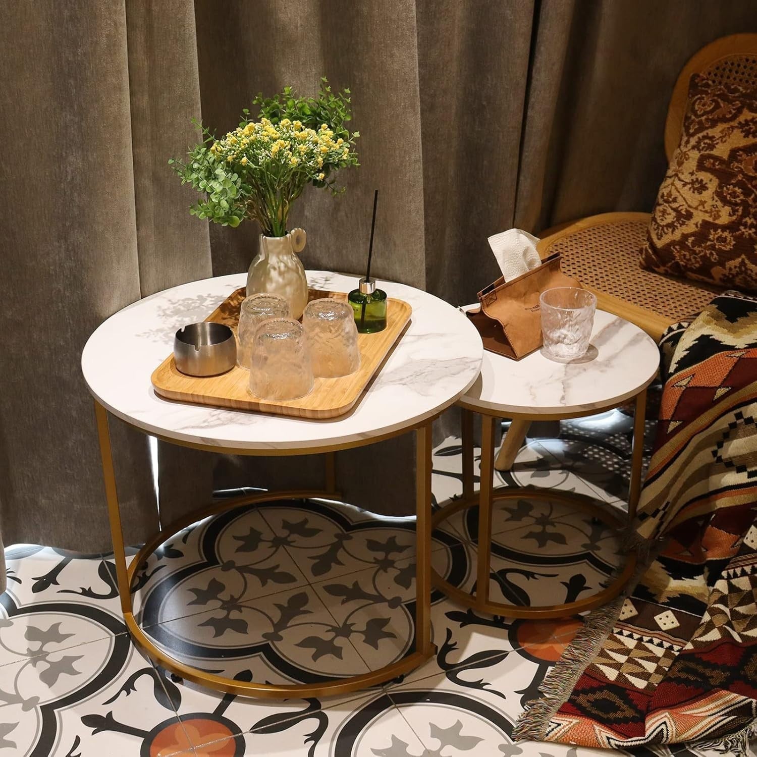 Round Gold Nesting Coffee Table Set White Marble Top Modern Side End Tables