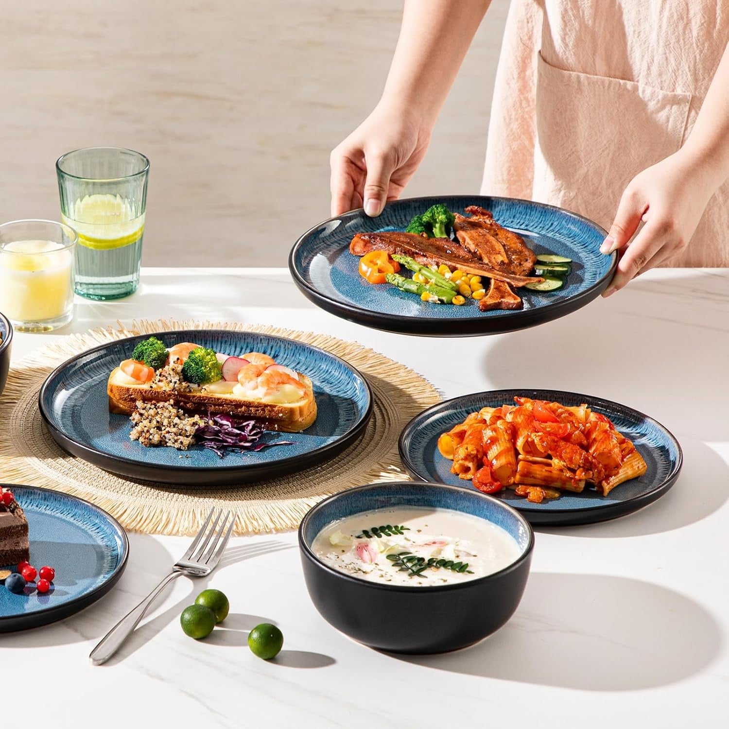 12pc Blue Stoneware Dinner Set Reactive Glaze Plates Bowls Microwave Safe