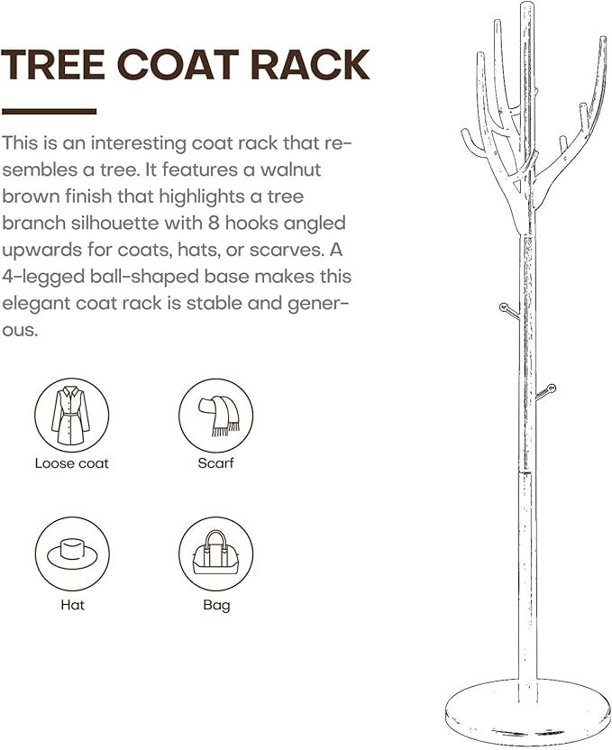 Solid Wood Coat Rack Stand 182cm Hall Tree with 12 Hooks Round Base