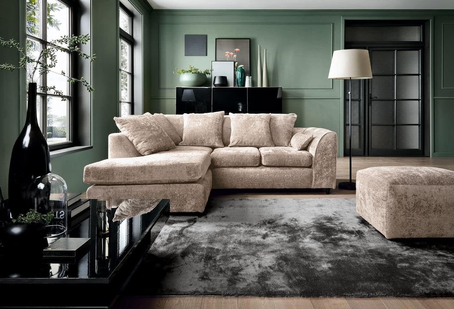 L Shaped Corner Sofa Cream Chenille – 5 Seater Couch w/ Cushions & Support