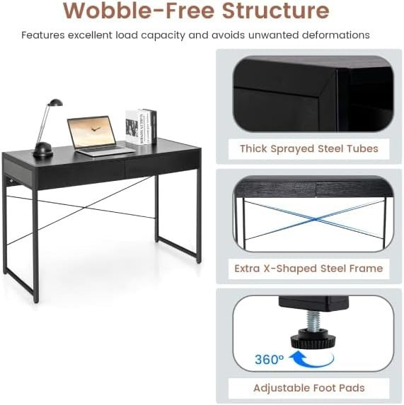 Modern Black Computer Desk w/Drawers | Metal Frame Laptop Workstation