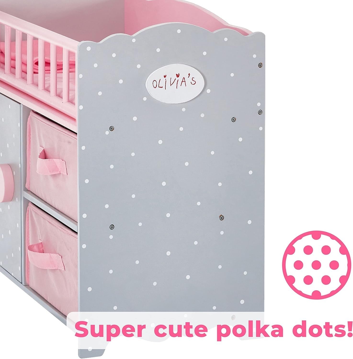 Wooden Baby Doll Cot w Storage Cushion Bedding Mobile Grey Pink 57x31x79cm