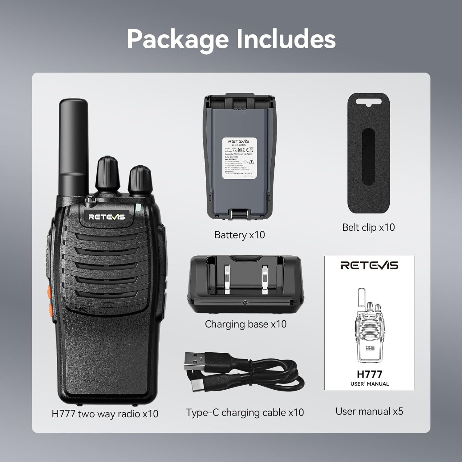 Walkie Talkies 10 Pack Long Range Rechargeable VOX USB-C Commercial