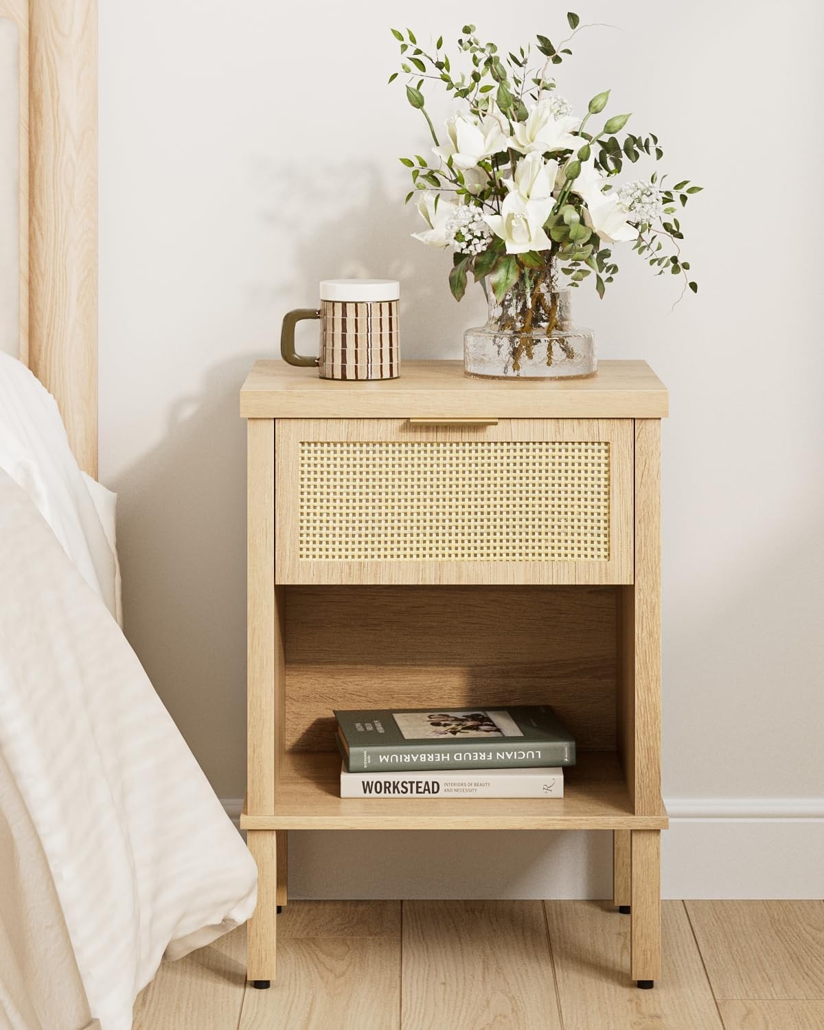 Rattan Wood Bedside Table with Drawer & Shelf – Boho Oak Nightstand