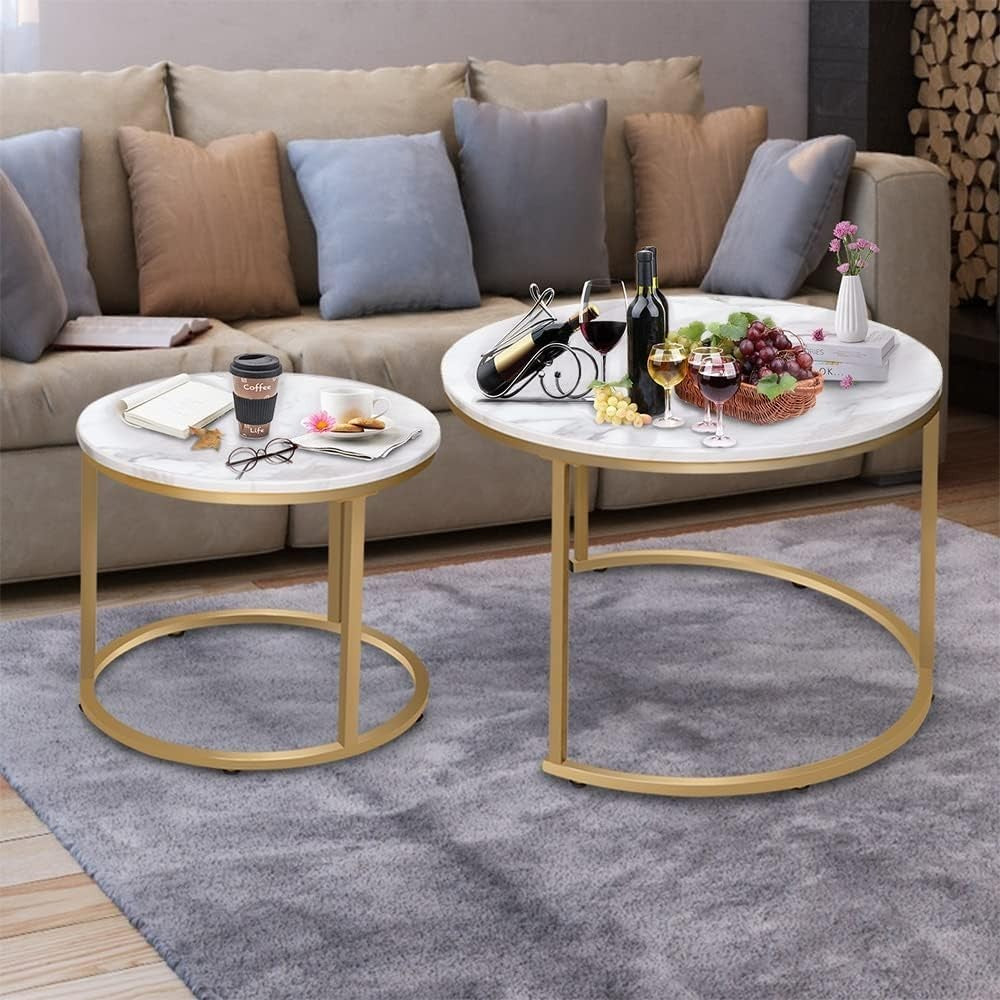 Nesting Coffee Tables Set 2 Round Marble Gold Metal Living Room Side End Table